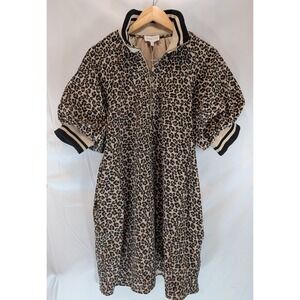 Entro Leopard Print Puff Sleeve Quarter Zip short Dress Tan Black Large NWT